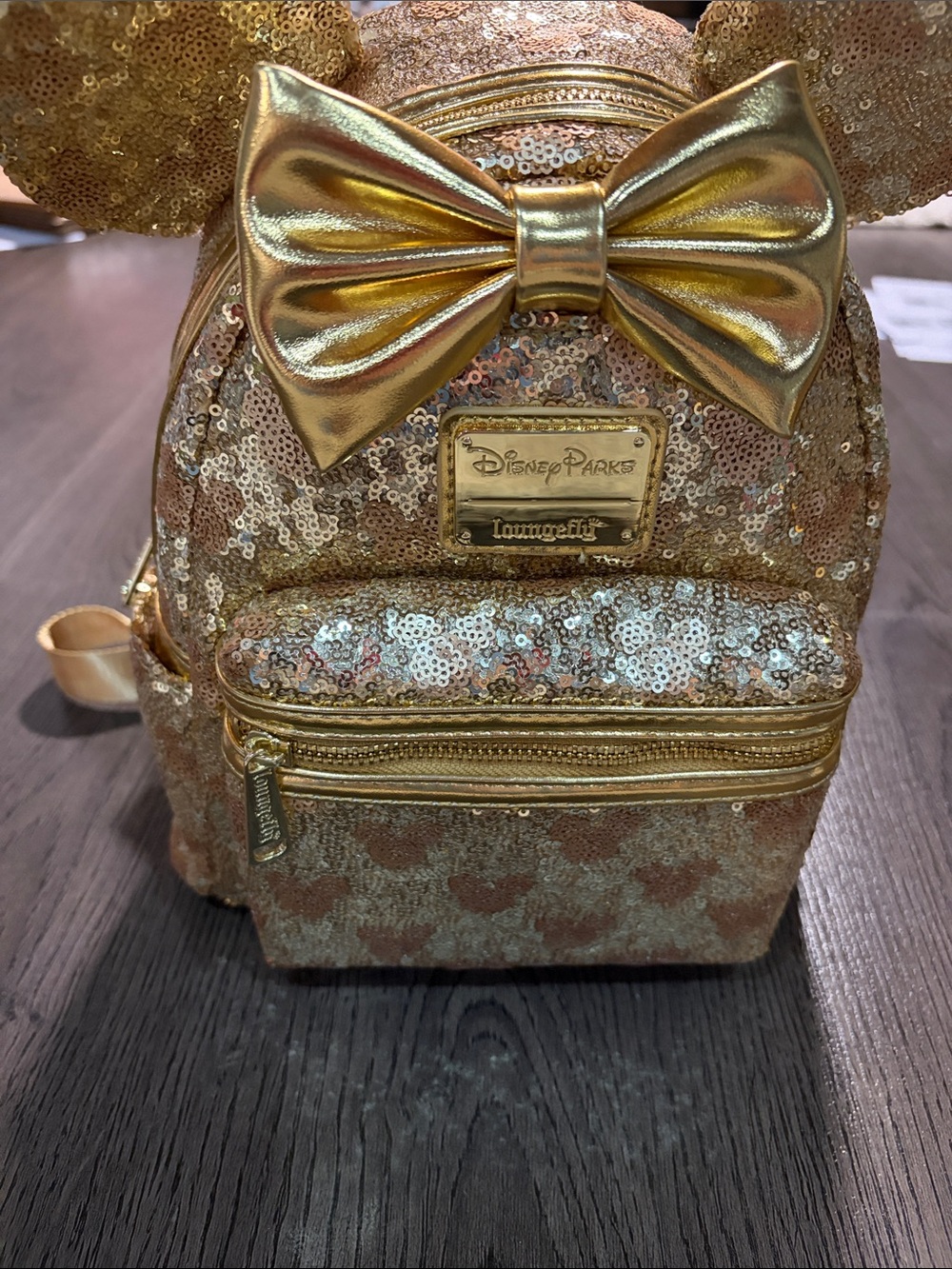 Loungefly Gold Sequin Minnie Ear Mini Backpack with Metallic Bow